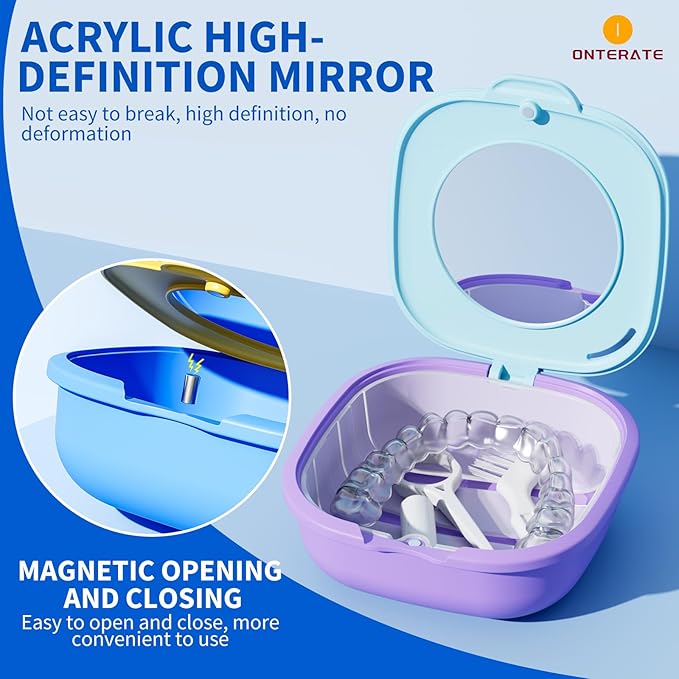 Magnetic Retainer Box with Mirror, Compact Denture Case with Vent Holes & Retainer Remover Tool & Chewies & Brush, Protable Aligner Cleaner Case for Night Mouth Guards, Braces (Pink Green)