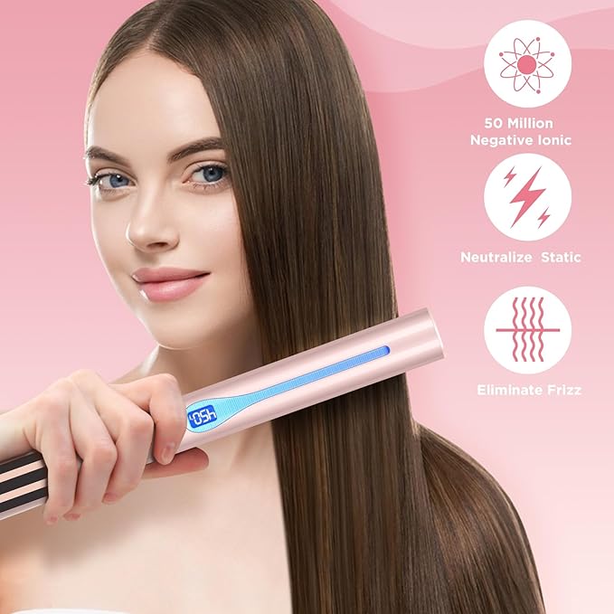 IG INGLAM Titanium Flat Iron Hair Straightener, Infrared Curling Iron 1 Inch, Negative Ionic Dual Voltage Straightener 11 Adjust Temp 250°F to 450°F, Shiny Hair 110-240V, Gift, Pink