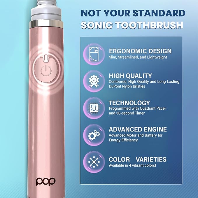 Pop Sonic The Ultimate Pro Toothbrush (Rose Gold) | Rechargeable Toothbrush w/Up to 40,000 Brush Strokes/Minute -Long-Lasting Dupont Nylon Bristles -Teens & Adult Toothbrush