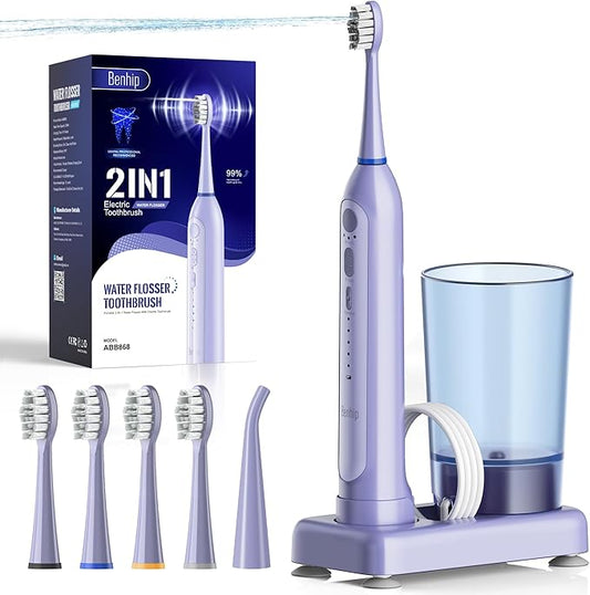 Water Flosser with Electric Toothbrush – 3 Sonic Toothbrush Modes & 5 Water Flossing Pressure – Fast Charging & IPX7 Waterproof – Portable Travel Case Included(Purple)