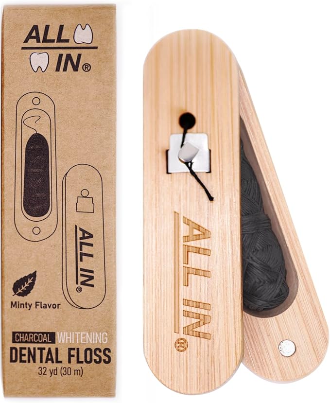 ALL IN Waxed Charcoal Floss with a Refillable Dental Floss Holder - Plant Based, No PFAS - Mint Floss for Effective Plaque Removal, Clean Teeth, Fresh Breath - 32 yd