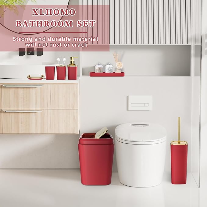 Bathroom Set – Burgundy Bathroom Accessories with Ombre Shower Curtain, Bathroom Accessories Set with Trash Can Soap Dispenser Soap Dish for Home
