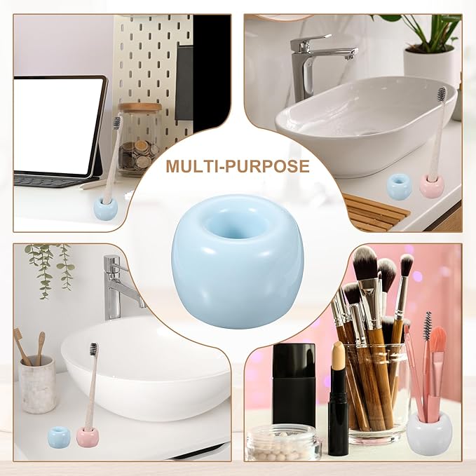 uxcell 2 Pcs Mini Ceramics Toothbrush Holder Stands, Sleek Mini Countertop Toothbrush Round Shape Ceramic Holder Stand for Bathroom Vanity Countertops, Blue