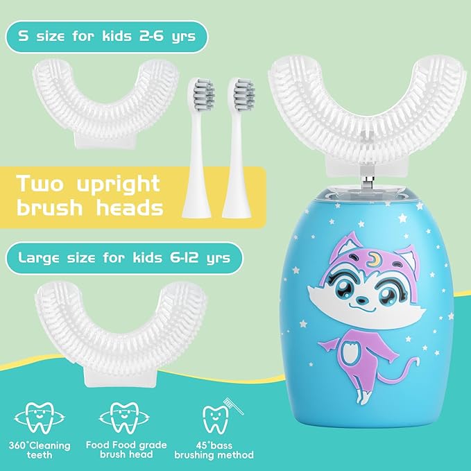 Kids Toothbrush Electric, U Shaped Ultrasonic Automatic Toothbrush with 4 Brush Heads,2 Cleaning Modes, Cartoon Modeling Design for Kids, Age 2-12