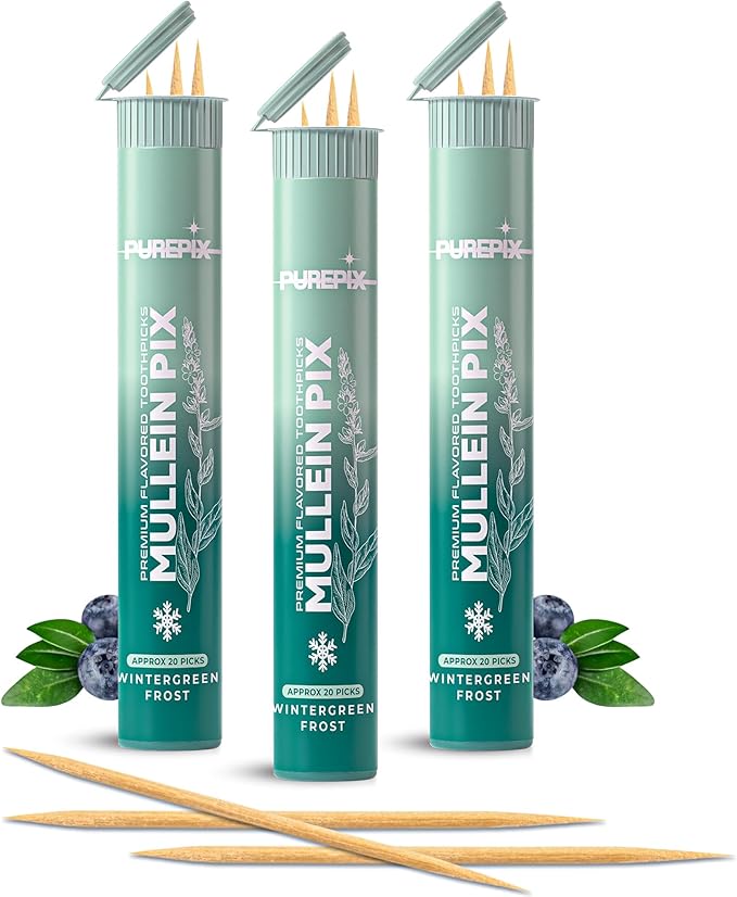 Mullein Pix, Extra Thick Flavored Toothpicks Infused with Mullein Leaf, Natural Quit Smoking Alternative, Lung Cleanse Support, Nicotine Free, Kosher Vegan, Made in The USA (Wintergreen Frost 3 Pack)