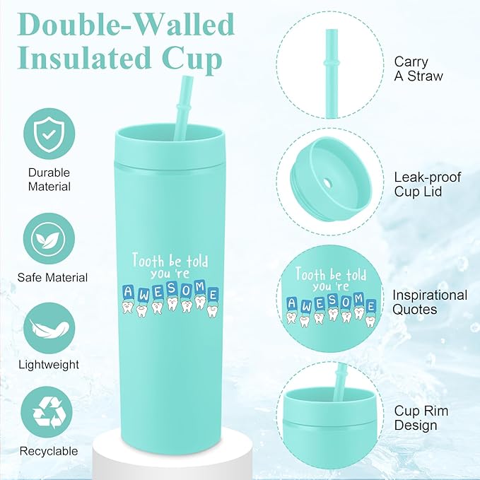 Skylety 3 Pcs Dental Hygiene Month Gifts Dental Assistant Hygienist Appreciation Gift 16oz Tumbler with Lid Cute Teeth Makeup Bag Stress Toy Employee Thank You Dentist Coworker Nurse Student(Green)
