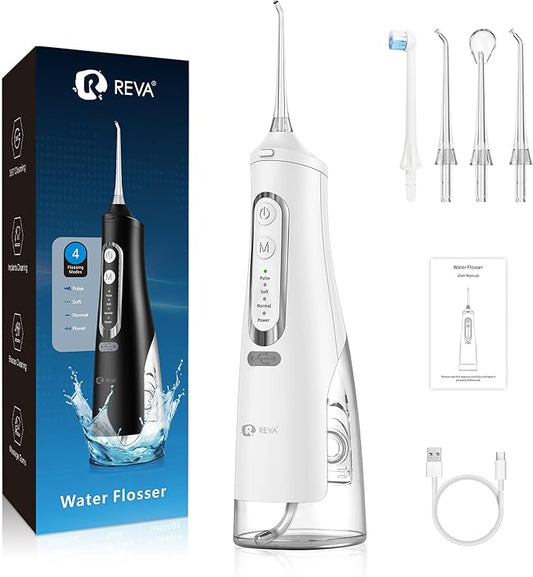 Cordless Dental Water Flosser for Teeth, Gums & Braces - Electric Oral Irrigator 310ML, 4 Modes, Rechargeable, 4 Jet Tips, Smart Memory, 360° Nozzle, IPX7 Waterproof & Low Noise (M209 - White)
