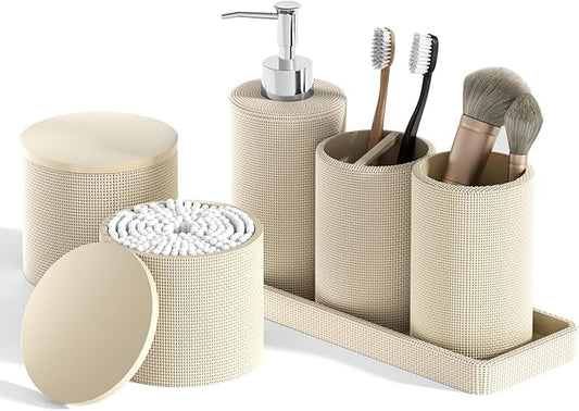 6-Piece Beige Bathroom Set - Mesh Textured Resin Bathroom Accessories Set with Soap Dispenser, Toothbrush Holder, Cup, Vanity Tray & Apothecary Jars for Small Spaces