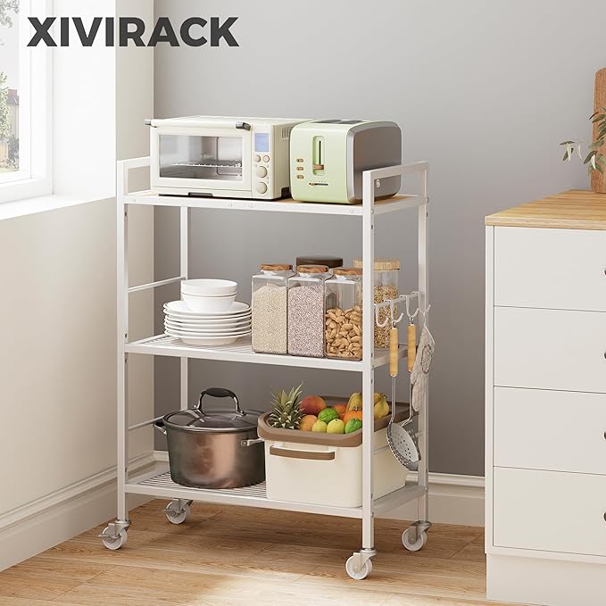 XIVIRACK 3-Tier Metal Storage Rack with Industrial Wheels,Mesh Shelving Unit with Wooden Table top,Adjustable Shelf,23.6-Inch Width,for Kitchen,Laundry,Pantry,Plant,Oak panel and white frame