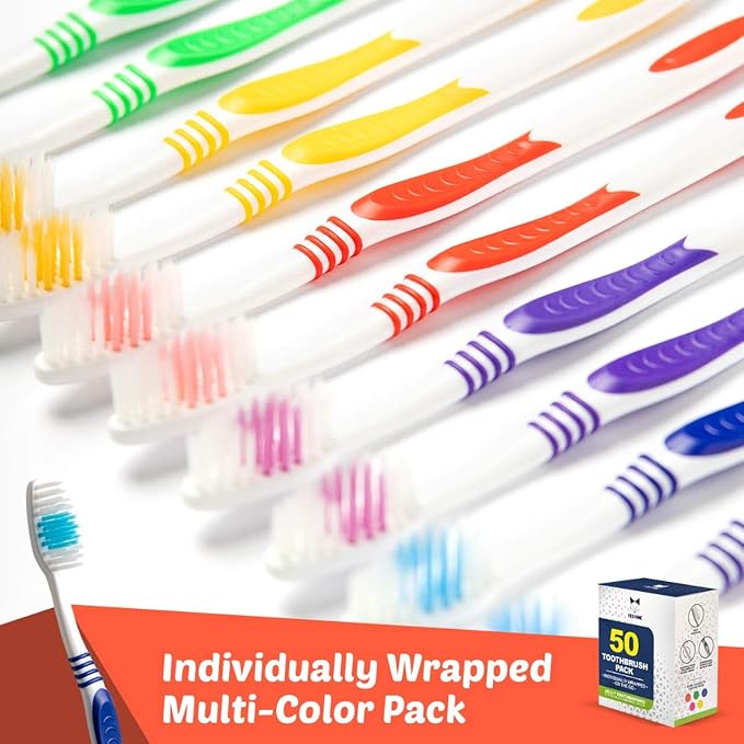 EcoFox Bulk Toothbrushes 50 Pack | Individually Wrapped Travel Toothbrush Set for Adults & Kids | Made with a Medium-Soft Large Brush Head | BPA-Free & Disposable!