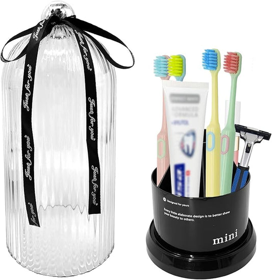 Multi Functional Rotating Toothbrush Holders with Sliding Base, 7 Slot Bathroom Countertop Organizer Perfect for Tooth Brush, Toothpaste, and Makeup Brushes Storage (Black)