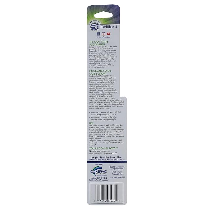 Brilliant Oral Care Expectant Mom Toothbrush, a Pregnancy Must Have with Gentle, Extra Soft Bristles, Round Head for Sensitive Teeth and Gums, Aqua, 1 Pack