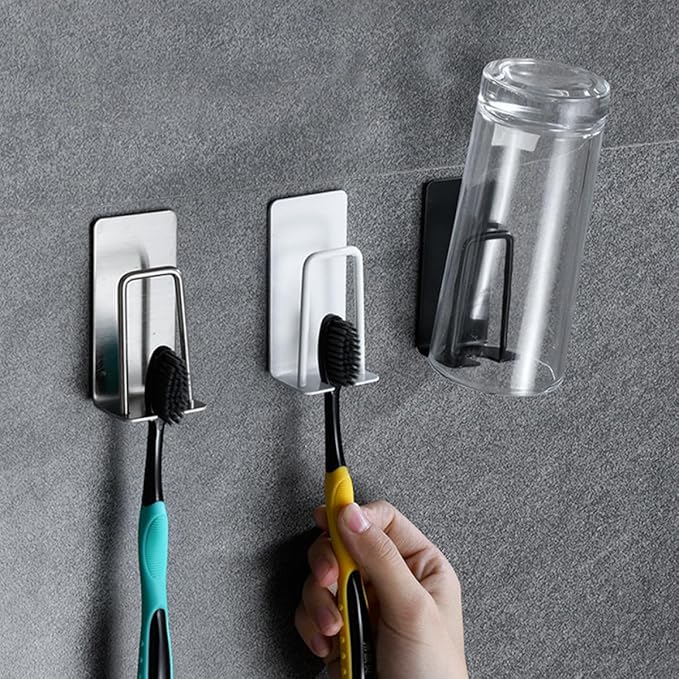 Stainless Toothbrush Rack Wall Adhesive Holder with Cup Black 2pcs Hanging Bathroom Organizer for Electric and Manual Toothbrushes