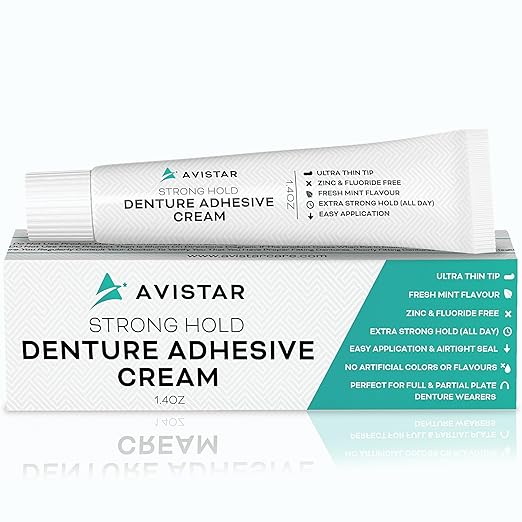 Extra Strong Denture Adhesive Cream, 12 Hour Hold Dental Glue, Waterproof, Zinc & Fluoride Free, Easy Apply Nozzle, Seals Food Out for Comfort, Mint Flavor (6 Pack, 8.4 Fl Oz)