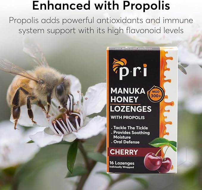 P.R.I Manuka Honey Lozenges with Propolis, Soothing Cough and Throat Drops, MGO 300+ Certified (Cherry, 16 Count/2 Pack)