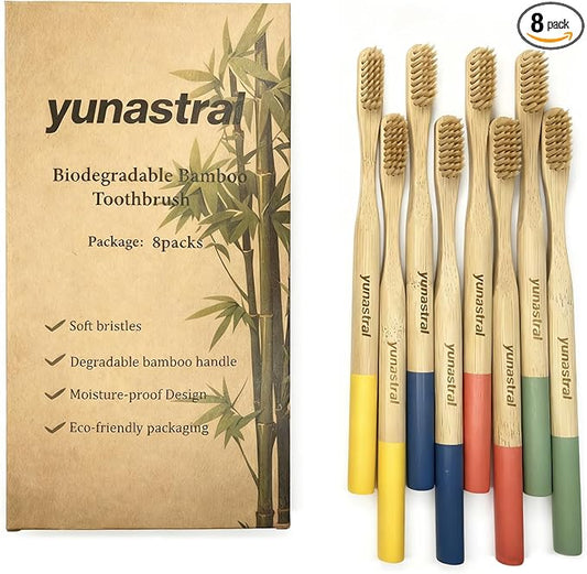8 Pack Bamboo Toothbrushes - Soft Bristles, BPA Free, Eco-Friendly Natural Wooden Toothbrushes for Adults & Family, Zero Waste Compostable Handle