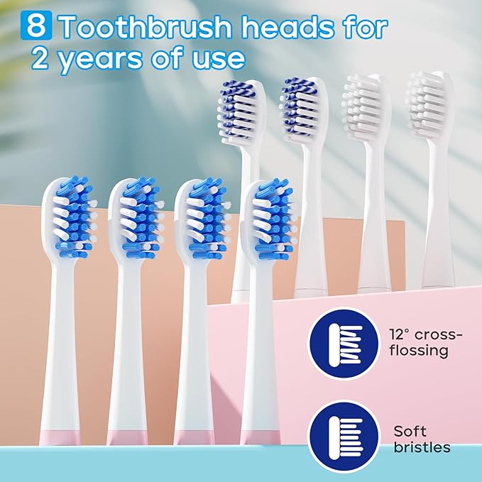 SEAGO SG-505 Travel Electric Toothbrush, Portable Toothbrush, 24,000 VPM, IPX7 Waterproof, 8 Brush Heads (Soft & Tilted Bristles), Battery Powered for Adults, On The Go (Thai Design, Made in Thailand)