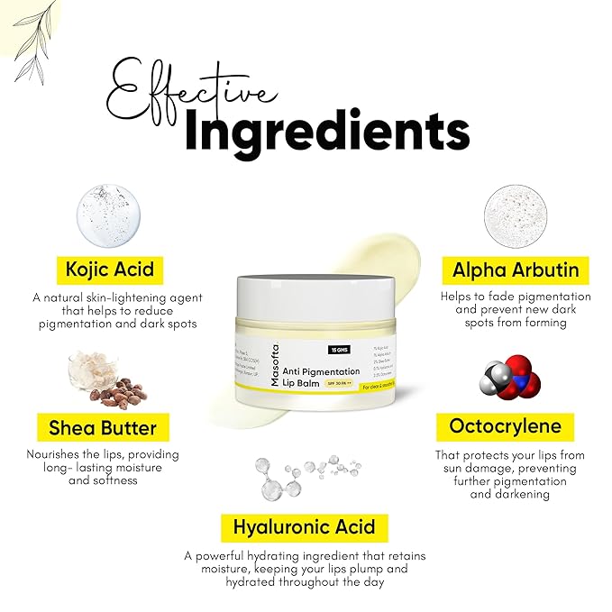 Shea Butter Lip Balm with Kojic Acid, Alpha Arbutin & Shea Butter for Smooth, Crack Free & Clear Lips, SPF 30 PA++, For Men & Women, 0.52 oz/15GMS