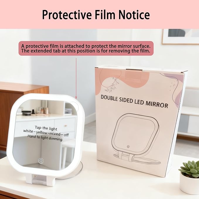 DESCHEN Rechargeable Travel Makeup Vanity Mirror with Lights and Magnification, Portable 1X/10X Magnifying Mirror with 3 Color Light, Lighted Makeup Mirror with Magnification, Folding LED Desk Mirror