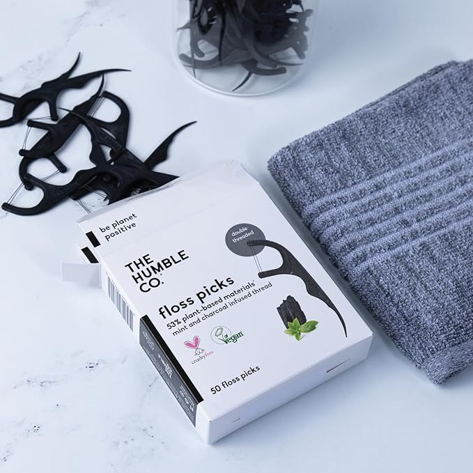 The Humble Co. Floss Picks (200 Count) – Plant Based Dental Floss Picks for Superior Oral Care, Dental Hygiene, and Gum Health, Cruelty Free Tooth Floss Picks (Charcoal, Double Thread)