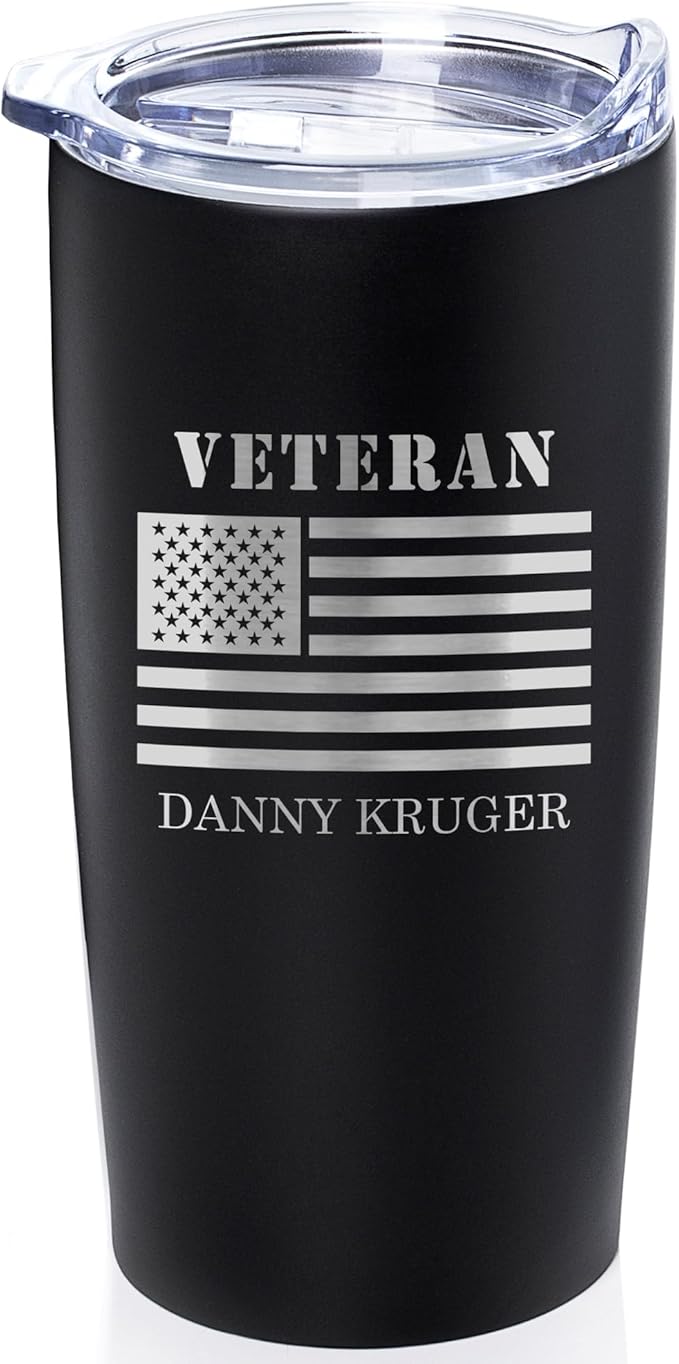 Lifetime Creations Engraved Personalized Veteran Tumbler 20 oz (Black) with American Flag - Custom Veteran Gift for Veterans Day Event, Insulated Stainless Steel Coffee Travel Mug