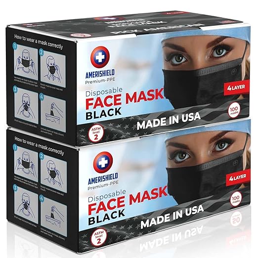 Amerishield ASTM Level 2, Made in The USA, Disposable Face Mask, FSA/HSA Eligible, 4 Layer, Breathable & Comfortable for Allergy and Sun Protection, 100 Pack