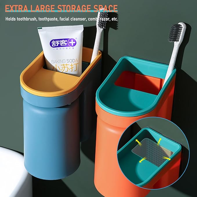 Toothbrush Holder Wall Mounted with Cup,2-in-1 Toothbrush Holders & Cups Set,Inverted Design for Easy Cleaning and draining,Stick-on Toothbrush Holder for Bathroom (Blue+Orange)
