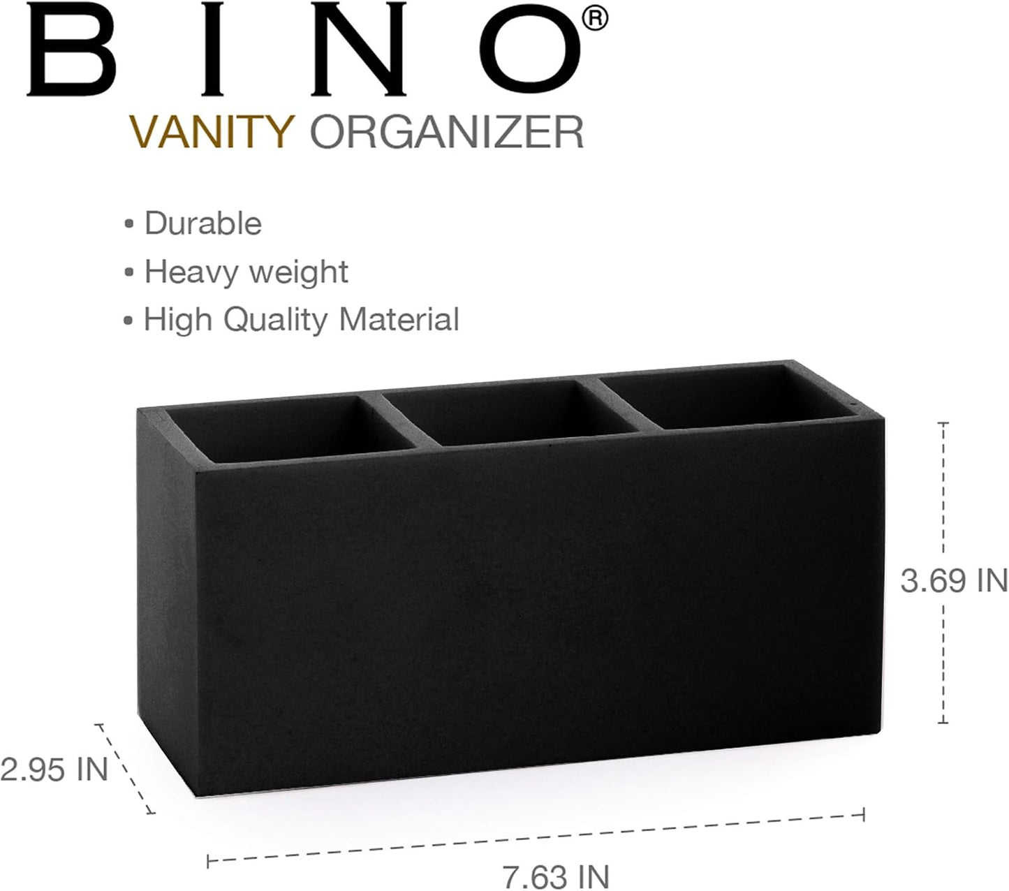 BINO 3-Compartment Organizer – Makeup Brushes, Cosmetics & Office Supplies, Tabletop, Durable, Matte Black, 7.6"x2.95"x3.7"