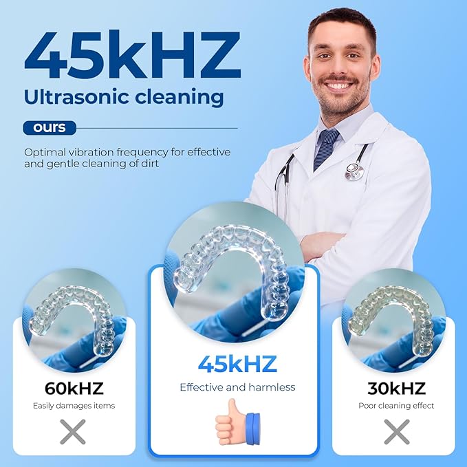 Ultrasonic Retainer Cleaner Machine - 45kHz Ultrasonic Cleaner - 200ML Mouth Guard & Denture Cleaner Pod & Jewelry - 5 Modes with Digital Timer - Upgrade Water Bottle Design