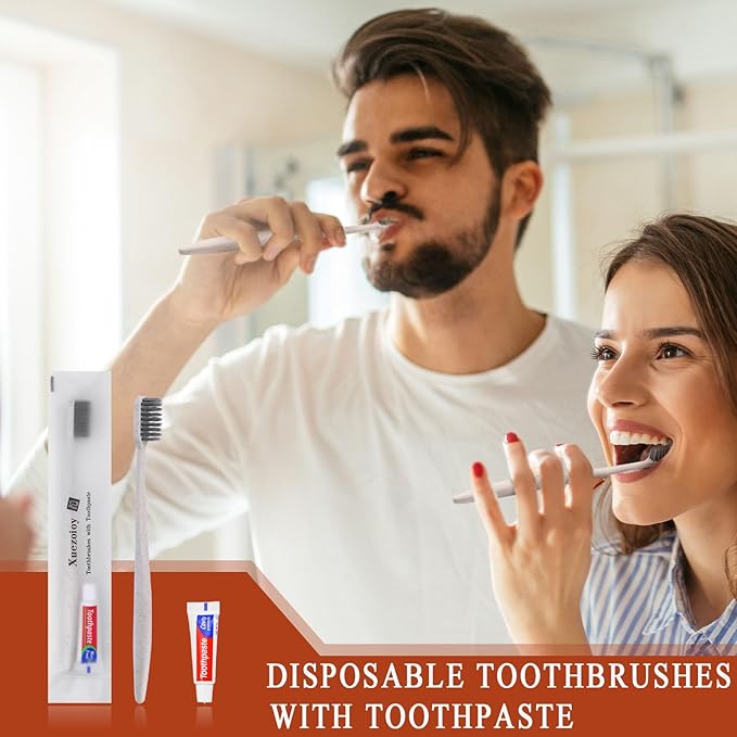 Xuezoioy Disposable Toothbrushes with Toothpaste,30 Pack Apricot Individually Wrapped Disposable Travel Toothbrushes Kit in Bulk for Homeless,Nursing Home,Hotel,Charity