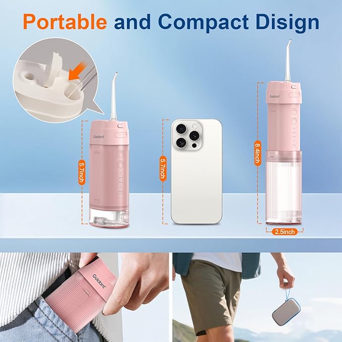 Portable Water Flosser for Teeth with Exquisite Travel Case, Cordless Rechargeable Mini Oral Irrigator with Removable Tank, IPX7 Waterproof, 4 Modes & 4 Jet Tips for Tooth Cleaning (Pink)