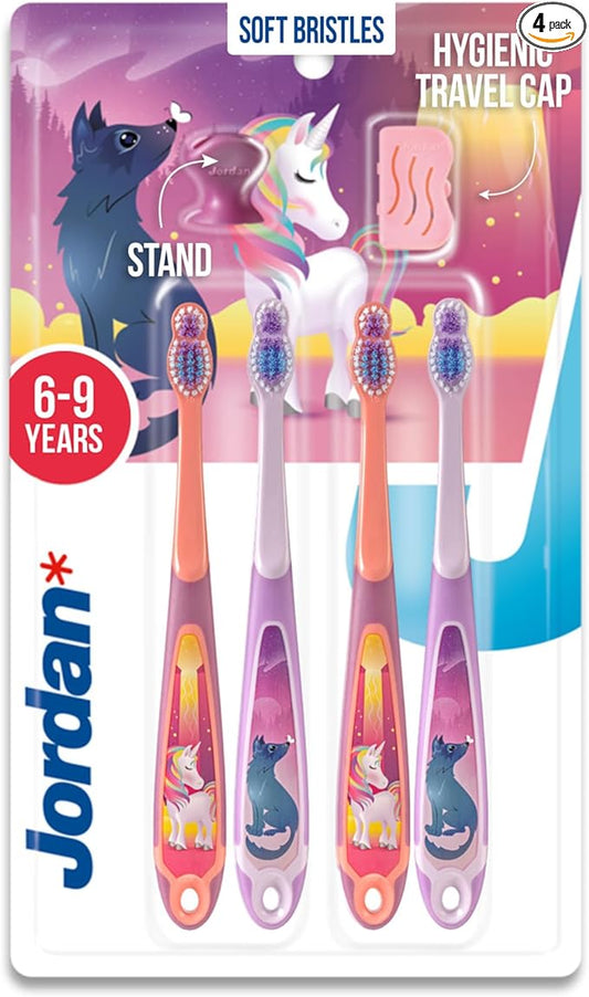 Jordan* Kids Toothbrush | 6-9 Years, Soft Bristles, BPA Free | 4 Pack | Blue & Pink Step 3