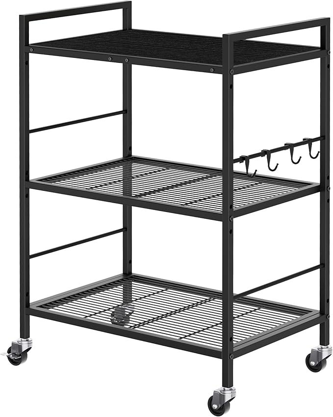 XIVIRACK 3-Tier Metal Storage Rack with Industrial Wheels,Mesh Shelving Unit with Wooden Table top,Adjustable Shelf,23.6-Inch Width,15.8-Inch Depth, for Kitchen, Laundry,Pantry,Plant,Black panel