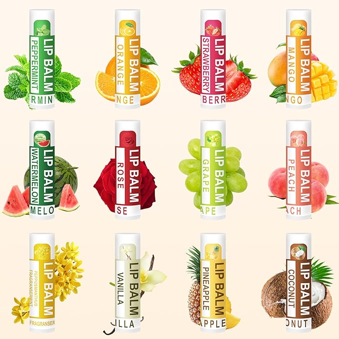 DMSKY 60 Pack Lip Balm, Natural Lip Balm Bulk, Moisturizing Lip Balms with Vitamin E and Coconut Oilfor Chapped Lips-12 Flavors