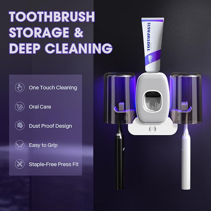 3 in 1 Toothbrush Cleaner Holders,Rechargeable Wall Mounted Toothbrush Holder Toothpaste Dispenser Automatic 2 Cups Tooth Brush Holder for Bathroom, No Drilling, 4 Slots (Grey)