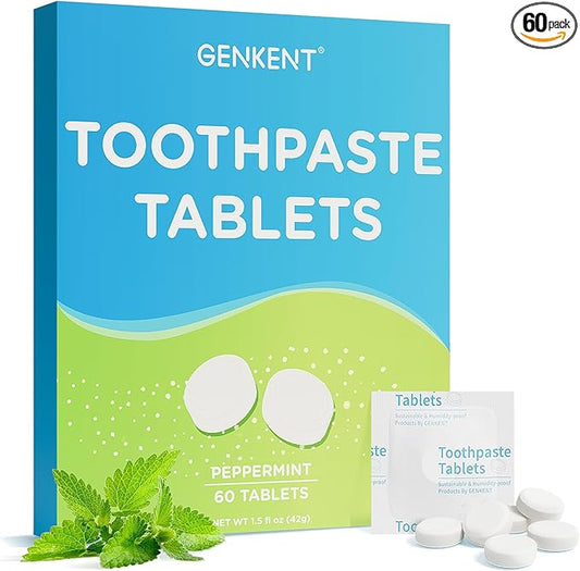 GENKENT Toothpaste Tablets, Fluoride & Plastic Free Chewable Toothpaste Tabs, Eco & Travel Friendly (60 Count)