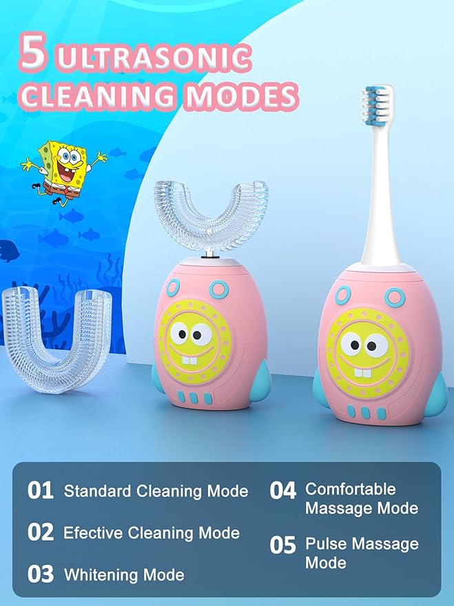 FTOYIN Kids Electric Toothbrush with 3 Brush Heads, U Shaped Ultrasonic Toothbrush Kids with 5 Modes, 45s Smart Reminder, 360-Degree Automatic Cleaning, IPX7 Waterproof Design