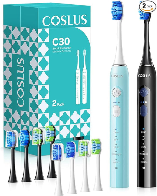 COSLUS Sonic Electric Toothbrush for Adults & Kids: 3 Intensities & 5 Modes Gum-Friendly for Deep Cleaning & Whitening - 2 Types of Heads for Family, Sensitive Teeth, Brace, Black & Green, 2PCS