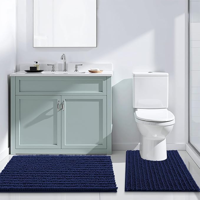 Arotive Luxury Chenille Toilet Rugs U-Shaped, Extra Soft Thick Absorbent Bathroom Mat, Non-Slip Shaggy Plush Contour Rugs, Machine Wash Dry Bath Mat for Toilet Base, 24x24, Navy