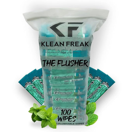 THE KLEAN FREAK FLUSHER - 100 Pack FLUSHABLE WIPES Flushable Wipes For Adults & Kids Unscented/Scented - 100% BIODEGRADABLE Individual Wrapped Travel WET Wipe for Toilet - Spearmint Rush