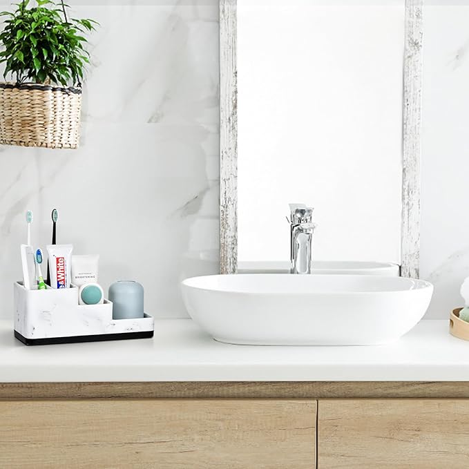 VITVITI Toothbrush Holder for Bathroom, Bathroom Organizer Countertop, 5 Compartment Bathroom Accessories Storage for Toothpaste/Vanity Counter, White Resin of Marble Color