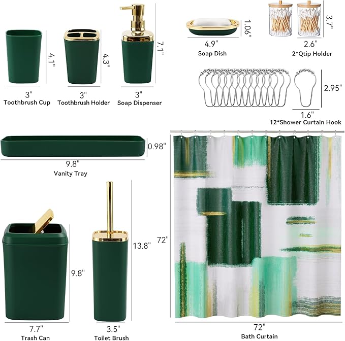 Green and Gold Bathroom Accessories Set, Bathroom Sets with Shower Curtain, Green Bathroom Accessories with Trash Can, Soap Dispenser, Soap Dish, Toilet Brush Holder, Qtip Holders
