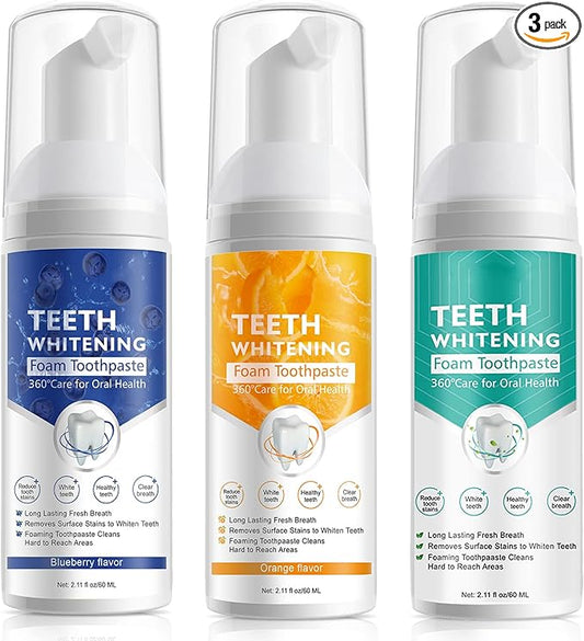 Teeth Whitening Toothpaste with Fluoride, Ultra-fine Mousse Foam for Deep Cleaning Gums, Stain Removal, 3 Fresh Flavors