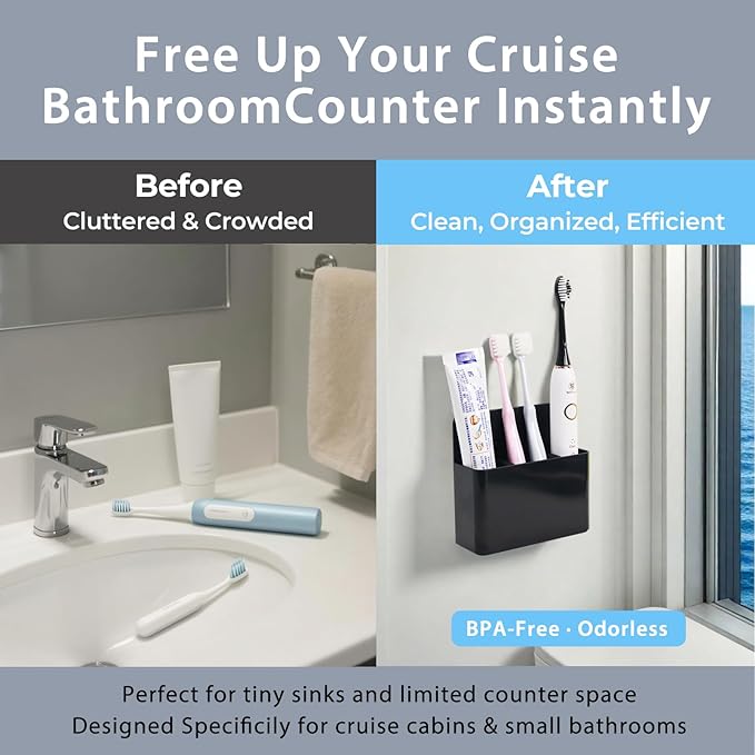 Cruise Essentials 2026 – Magnetic Toothbrush Holder for Cruise Ship Cabin, Wall-Mounted Cruise Bathroom Organizer, Travel Toothbrush Holder for Caribbean Cruise & Alaskan Cruise Must Haves （Black）
