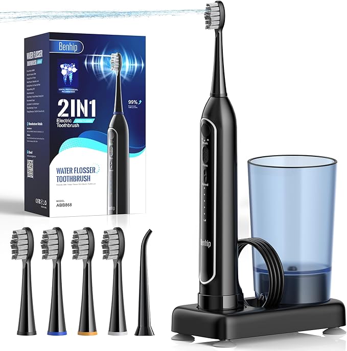 Electric Toothbrush with Water Flosser – 3 Sonic Toothbrush Modes & 5 Water Flossing Pressure – Fast Charging & IPX7 Waterproof – Portable Travel Case Included, Black