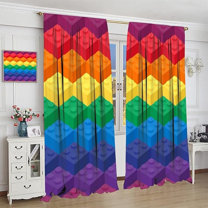Colorful Building Blocks Cartoon Toy Printed Curtains, Bedroom, Living Room, Architecture, Curtains, Fun Brick 3D Design Curtains, Children's Living Room, Window Treatment Panels 2 Panels 52x84in