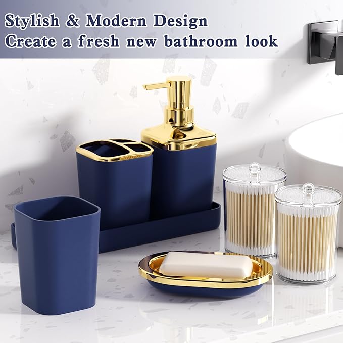 Blue Bathroom Set, Bathroom Sets with Stripe Shower Curtain, Navy Blue and Gold Bathroom Accessories with Trash Can, Soap Dispenser, Soap Dish, Toilet Brush Holder, Qtip Holders for Bathroom