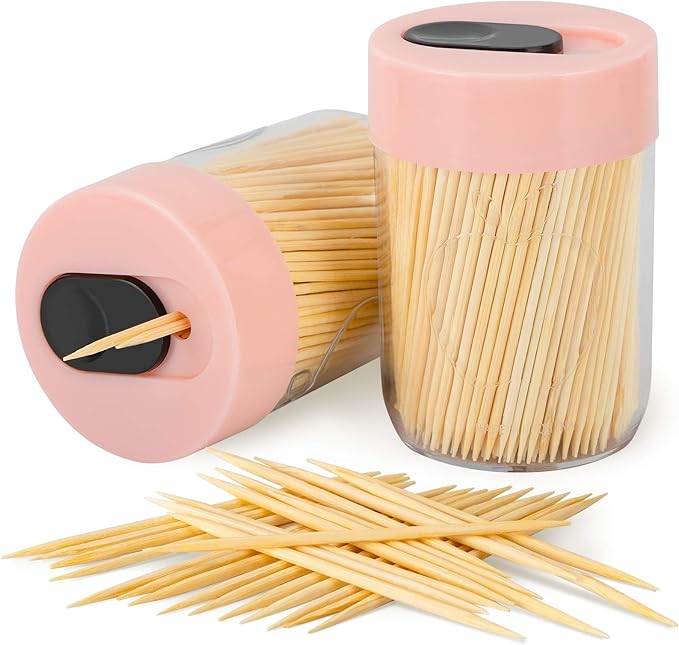 Urbanstrive Sturdy Safe Toothpick Holder with 800 Natural Wood Toothpicks for Teeth Cleaning, Unique Home Design Decoration, Unusual Gift, 2 Pack, Pink