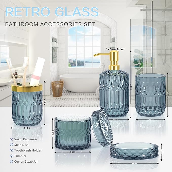 Blue Bathroom Accessories Set - 5PCS Clear Glass Bathroom Accessory Set (Toothbrush Holders, Soap Dispenser, Soap Dish, Tumbler, Cotton Swab Jar), Countertop Vanity Organizer Modern Decor Vintage Gift