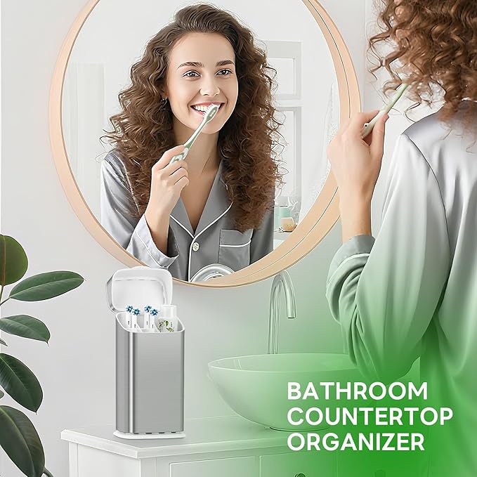 Toothbrush Holders with Cover - Electric Toothbrush Length Less Than 10 inches, 5 Slots Tooth Brush Holder for Bathroom, Detachable Toothpaste Holder Bathroom Organizers with Drainage, Silver